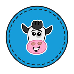 Smiling dairy cow head in blue circular panel with black line - vector