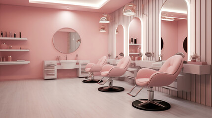 Modern beauty salon with places for makeup artist and hairdresser, big stylish mirrors, pink interior. Generative Ai