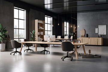 
an office with wood desks and glass walls, in the style of high detailed, grey academia, wood, photo-realistic landscapes, vintage minimalism, light silver and light brown