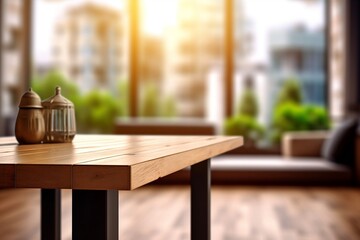 Empty Wooden Tabletop Blurred Kitchen Background. Generative AI