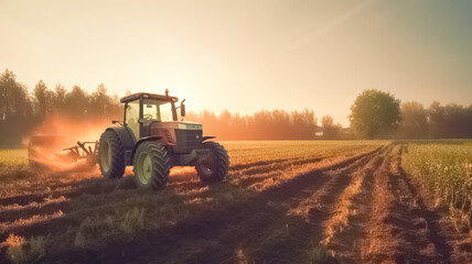 Fototapeta premium Rural seasonal works on farm land by industrial farming machinery or tractor on nature field at sunset. 