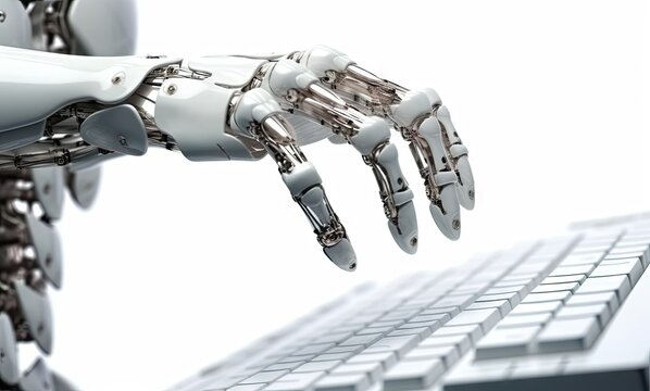 Robot hand typing on computer keyboard. Cyborg mechanical arm working with laptop.created with Generative Al technology.
