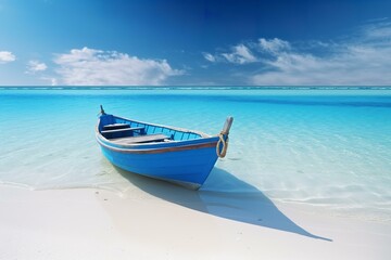 Fototapeta na wymiar Traditional Wooden Boat at the Beach with Blue Skies, Travel Paradise, Generative AI