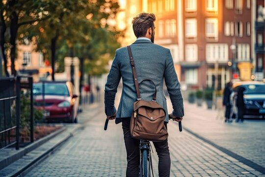 Rear view of young businessman riding a bicycle in the city