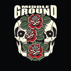 skull split by beauty rose thorns vector design illustration for t-shirt