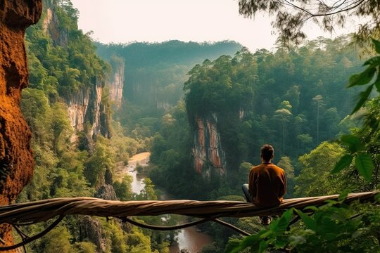 Hipster man sitting on the edge of a cliff and looking at the river