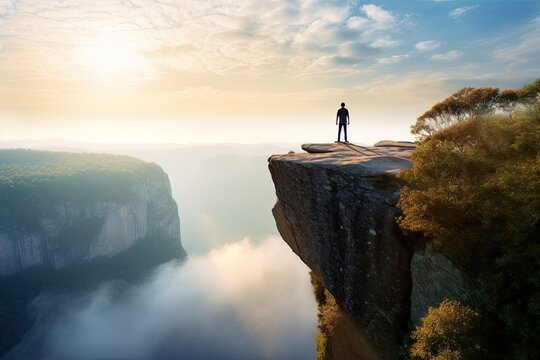 Silhouette of man standing on the edge of a cliff and looking at sunrise