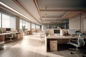 Fototapeta na wymiar an office with wood desks and glass walls, in the style of high detailed, grey academia, wood, photo-realistic landscapes, vintage minimalism, light silver and light brown