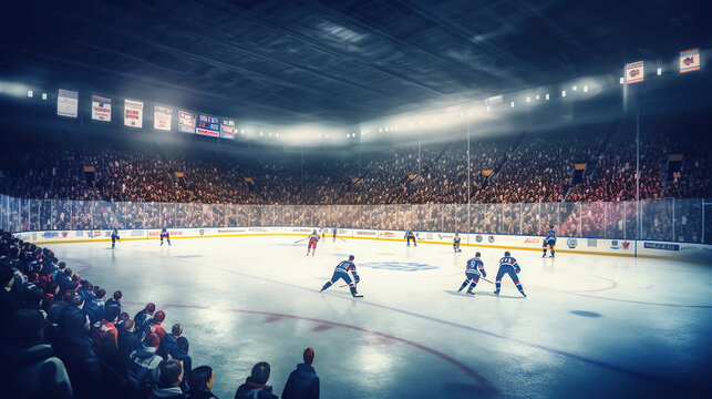 hockey stadium with fans crowd and an empty ice rink. Generative Ai