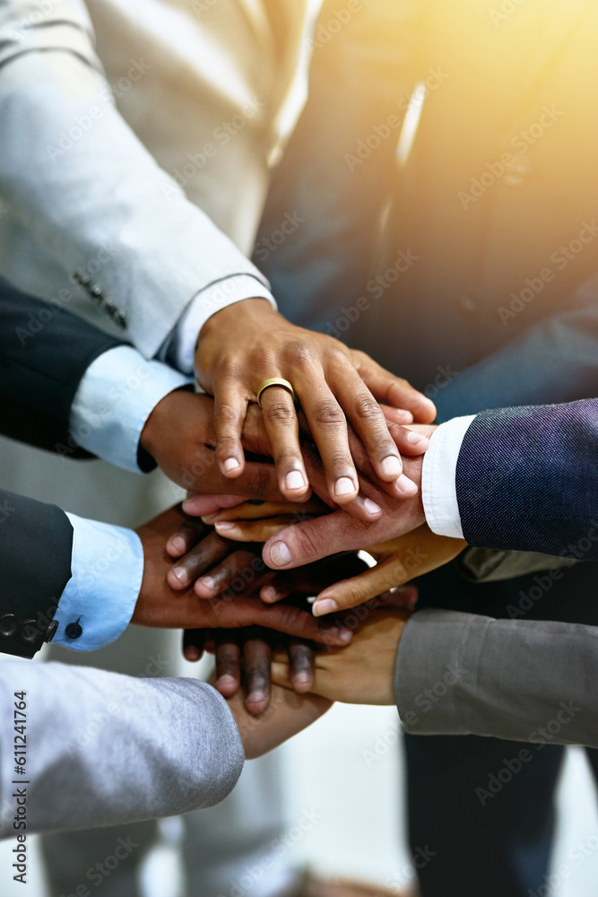 Poster hands stacked, business and group of people for support, target or teamwork, collaboration goals and