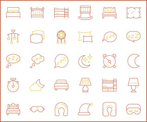 Simple Set of sleep Related Vector Line Icons. Vector collection of insomnia, bed, time, zzz, moon, cloud alarm clock, pillows and design elements symbols or logo element.