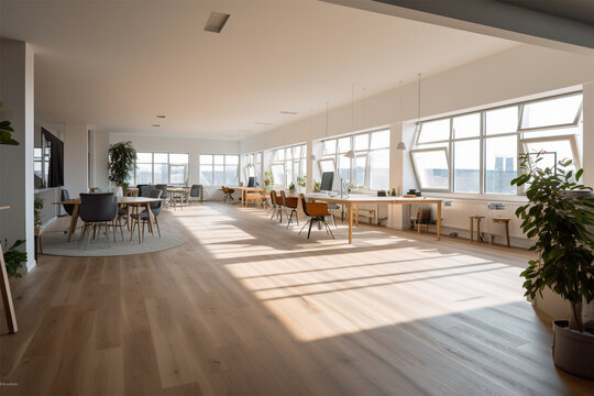
an office with wood desks and glass walls, in the style of high detailed, grey academia, wood, photo-realistic landscapes, vintage minimalism, light silver and light brown