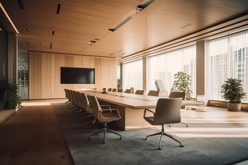 Fototapeta premium an office with wood desks and glass walls, in the style of high detailed, grey academia, wood, photo-realistic landscapes, vintage minimalism, light silver and light brown