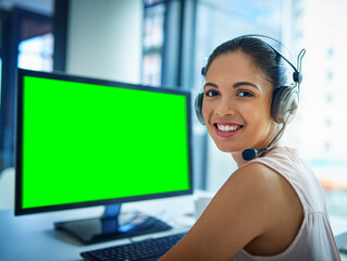 Happy woman, call center and green screen on computer for telemarketing or customer service at office. Portrait of female person, consultant or agent smiling on PC with chromakey or mockup display - obrazy, fototapety, plakaty