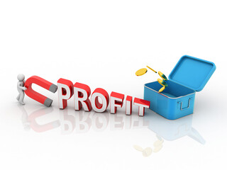 3d rendering Gold coins in box near Horseshoe magnet holding business man