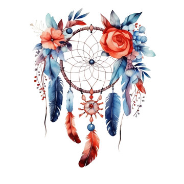 4th of July Floral  Dream Catcher Sublimation, 4th of July Watercolor Clipart. Red, Blue and White Watercolor Floral Dream Catcher, Watercolor Patriotic Clipart