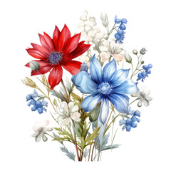 4th of July Wildflower Sublimation, 4th of July Watercolor Clipart. Red, Blue and White Watercolor Wildflowers, Watercolor Patriotic Clipart