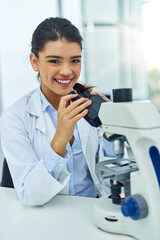 Portrait, woman and scientist smile with microscope in laboratory for medical research. Face, science and female doctor with dna equipment for experiment analysis, particle test and investigation.