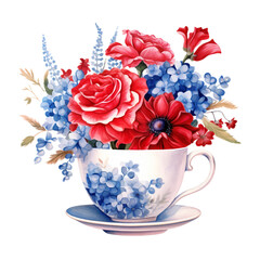 Obraz na płótnie Canvas 4th of July Floral Teacup Sublimation, 4th of July Watercolor Clipart. Red, Blue and White Watercolor Flowers, Watercolor Patriotic Clipart