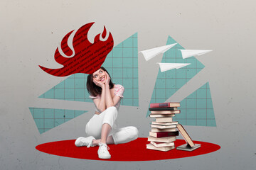 Artwork sketch 3d collage of lovely happy cute girl sitting preparing exam dreaming summer holiday...