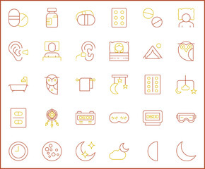 Simple Set of sleep Related Vector Line Icons. Vector collection of insomnia, bed, time, zzz, moon, cloud alarm clock, pillows and design elements symbols or logo element.