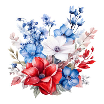 4th of July Flowers Sublimation, 4th of July Watercolor Clipart. Red, Blue and White Watercolor Flowers, Watercolor Patriotic Clipart