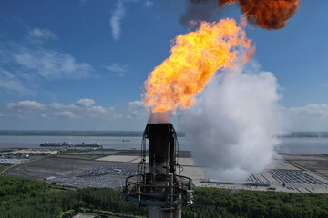Industrial oil refinery flare stack, Immingham petroleum production plant
