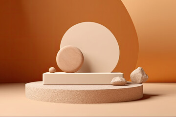 Abstract background for cosmetic product branding, identity and packaging inspiration. White stone podium with tan color background, Generative AI