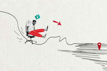 Photo collage artwork of funky excited guy rising office chair achieving aim isolated creative...