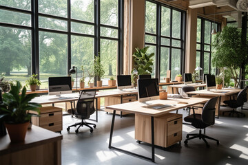 Fototapeta premium an office with wood desks and glass walls, in the style of high detailed, grey academia, wood, photo-realistic landscapes, vintage minimalism, light silver and light brown