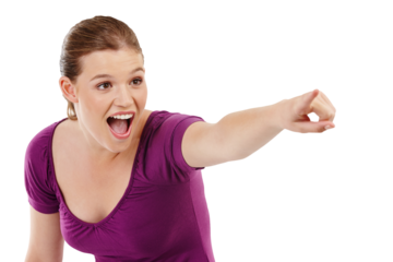 Excited, pointing and woman with selection, opportunity and happy girl isolated on a transparent background. Choice, female person or model with hand gesture, promotion and png with support and emoji