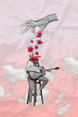 Vertical collage of black white effect arm hold fresh flowers connected headless mini guy playing...