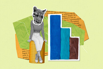 Creative collage of black white effect girl leopard head sit pile stack money coins growing stats...