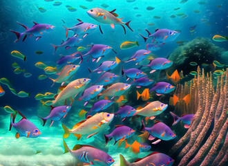 Fototapeta na wymiar deep below a colorful school of fish swims. Generative AI