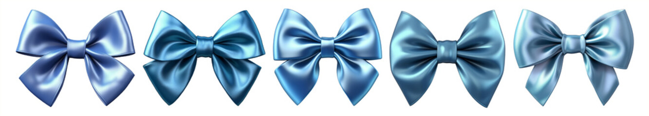 Collection of blue satin bows on isolated white background. Generative AI