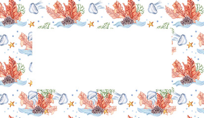 Frame of colorful sea plants watercolor illustration isolated on white. Red porphyria, , purple coral, jellyfish hand drawn. Design for package, banner, invitation, label, wrapping, background