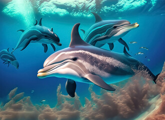 Obraz premium dolphin family underwater on reef close up look. Generative AI