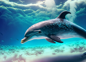 Plakat dolphin underwater on reef close coming to. Generative AI