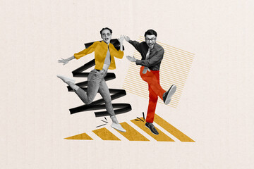 Composite collage picture of two excited carefree people enjoy dancing partying isolated on white drawing background