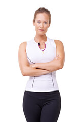 Woman, fitness and portrait with arms crossed and isolated on a transparent, png background. Workout, exercise and proud confidence from health, wellness and serious female person in sports clothes