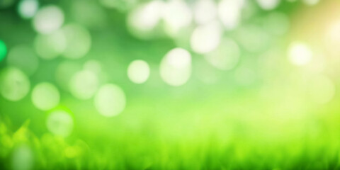 Fototapeta na wymiar Fresh green background with abstract blurred grass, bright summer sunlight and bokeh lights. Spring or summer healthy nature bio backdrop