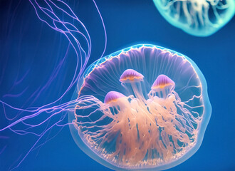 glowing jellyfish chrysaora pacifica underwater. Generative AI