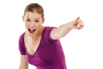 Portrait, point and information with a woman isolated on transparent background for marketing or advertising. Smile, announcement or hand gesture with an excited young female brand ambassador on PNG