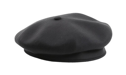 Black french cap beret side view isolated on transparent or white background, png - obrazy, fototapety, plakaty