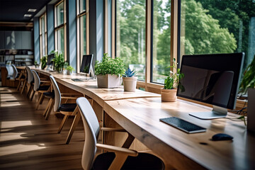 Fototapeta premium an office with wood desks and glass walls, in the style of high detailed, grey academia, wood, photo-realistic landscapes, vintage minimalism, light silver and light brown
