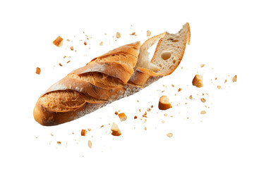 Baguette bread with falling crumbs isolated on transparent or white background, png - obrazy, fototapety, plakaty