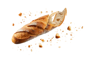 Gordijnen Baguette bread with falling crumbs isolated on transparent or white background, png © Medard