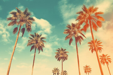 Fototapeta na wymiar Palm trees against blue sky, Palm trees at tropical coast, vintage toned and stylized, coconut tree,summer tree ,retro, Generative AI