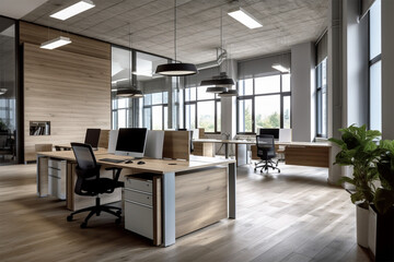 Fototapeta na wymiar an office with wood desks and glass walls, in the style of high detailed, grey academia, wood, photo-realistic landscapes, vintage minimalism, light silver and light brown