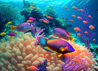 Fototapeta na wymiar multi colored fish swimming in a vibrant coral reef. Generative AI